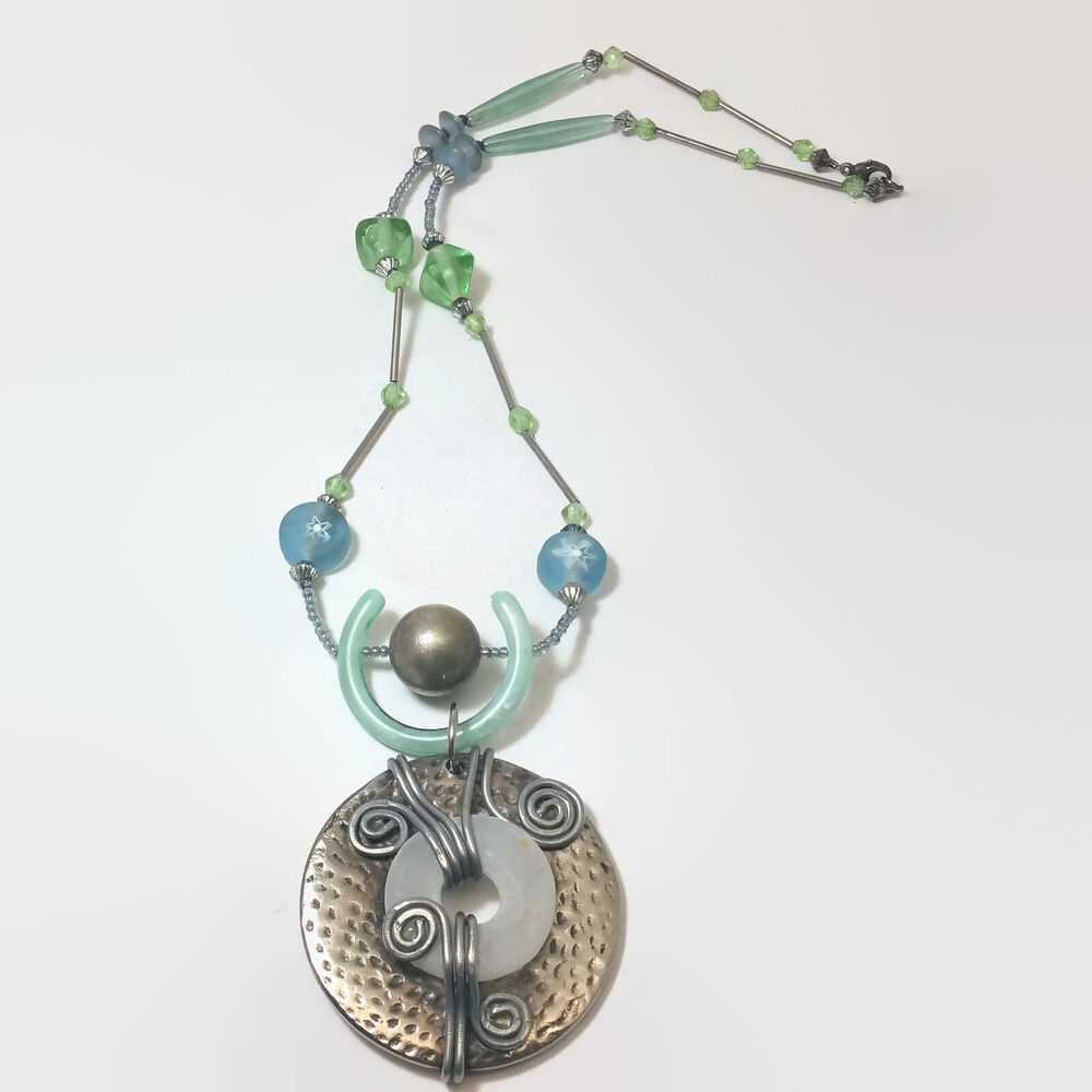 Wire Wrapped Silver Tone & Frosted Donut Bead Pendant Necklace Sterling Clasp